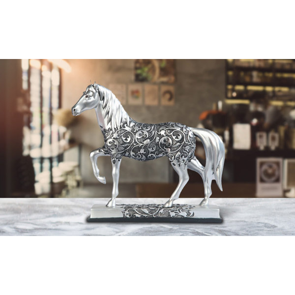 Bungalow Rose 8"W Decorative Craved Silver Horse Figurine with Base